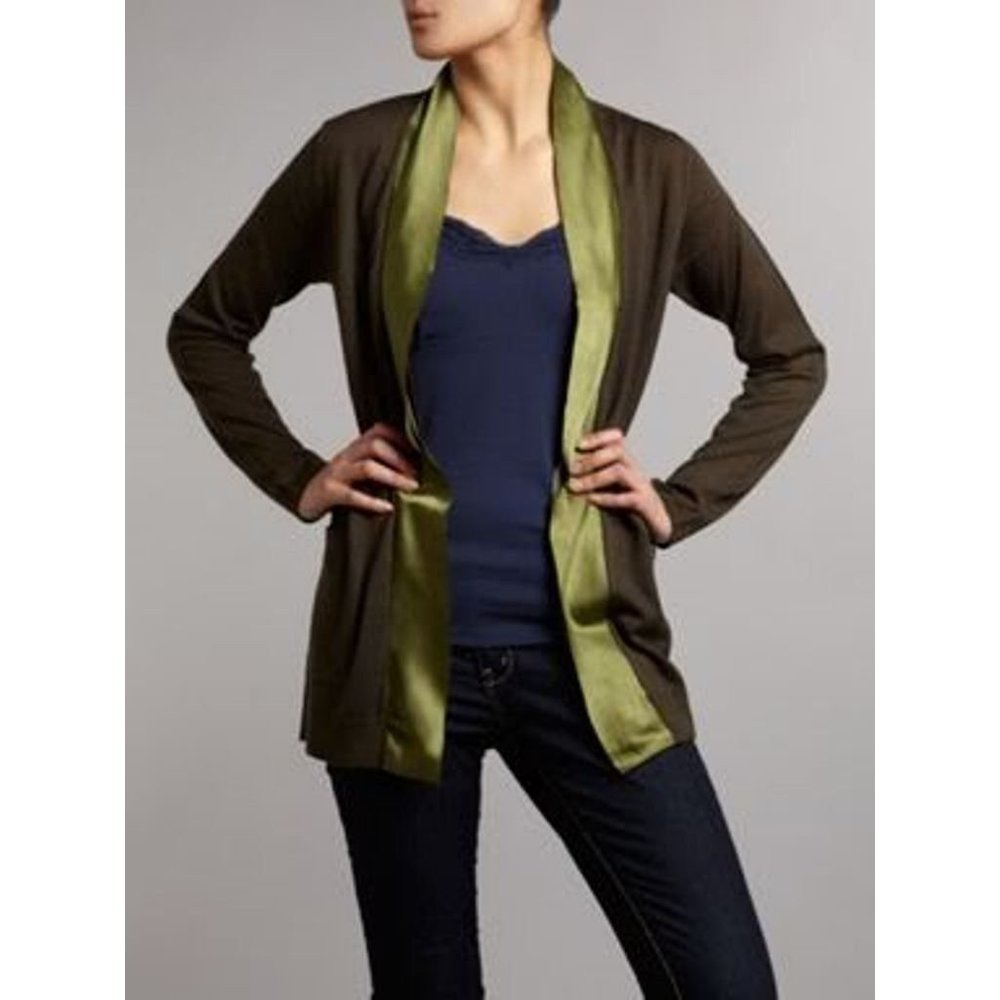 KENNETH COLE New York DARK OLIVE Shawl Collar KNIT Cardigan Top L $220